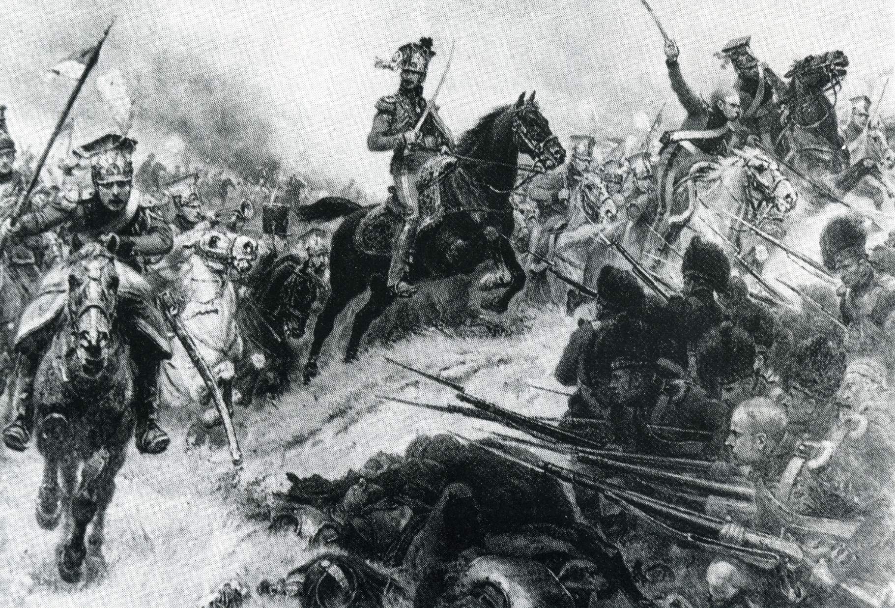 Bitwa pod Waterloo, obraz A Boularda. Atak 2 Pułku Szwoleżerów Lansjerów Gwardii na czworoboki szkockiej piechoty